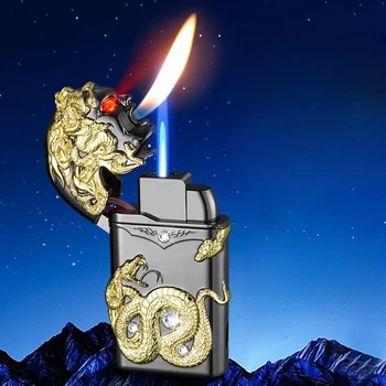 Новый газовый зажигалка Ветрозащитный факел Турбина Голубое пламя Двойное пламя Зажигалка с двусторонним трехмерным тиснением