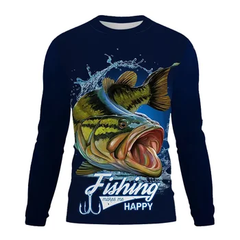 Wild Bass рыбалка графические футболки Мужские футболки, напечатанные на 3D-принтере Модные рыболовные штаны с круглым вырезом и длинными рукавами, футболки, одежда
