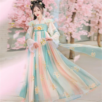 женщина Древнее платье с цветочной вышивкой Китайский традиционный костюм Ханьфу Восточная принцесса Династия Тан Танцевальная одежда