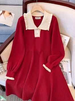 французский стиль красный свитер платье темперамент отложной воротник с длинным рукавом дно вязание vestidos большие размеры женское платье