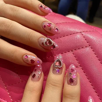 24pcs Розовый градиент Носимые накладные ногти y2k Пресс на миндальных ногтях Love Gem Decor Glitter Nail Роскошные серебряные пайетки накладные ногти
