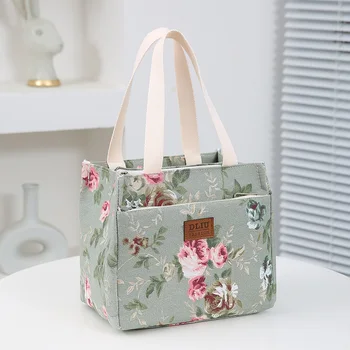 Портативная сумка для обеда с цветочным принтом Термоизолированная коробка для ланча Tote Cooler Функциональная сумка Студент Bento Pouch Сумки для хранения продуктов