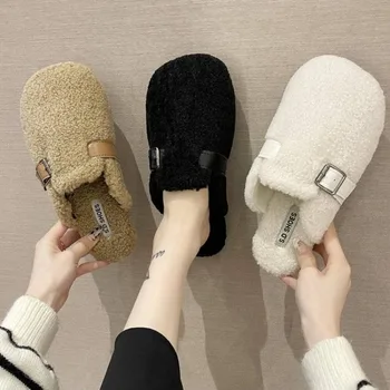 SLTNX 2023 Новые осенние и зимние слипоны Baotou Женские тапочки на толстой подошве Baotou Волосатые плоские снаружи носить корейскую ленивую обувь в стиле ретро