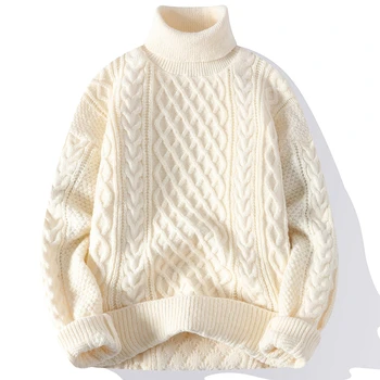  Высокое качество Мужская водолазка Скрученный свитер Пуловер Однотонный трикотажный свитер Повседневный свободный джемпер Осень и зима Теплый трикотаж